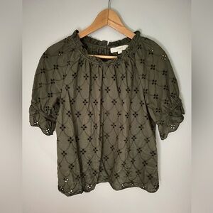 LOFT Green Puff Sleeve Eyelet Lace Embellished Blouse